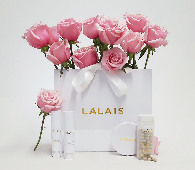 Pink roses shown in a Lalais bag feature Lalais products outside the bag.
