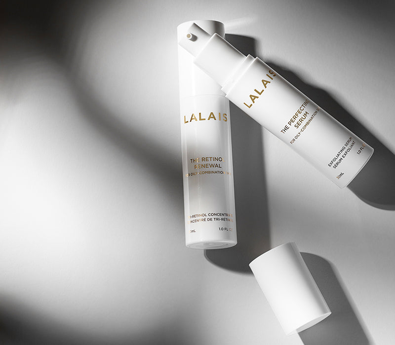 Lalais retinol renewal and the Perfecting serum shown on a light grey background